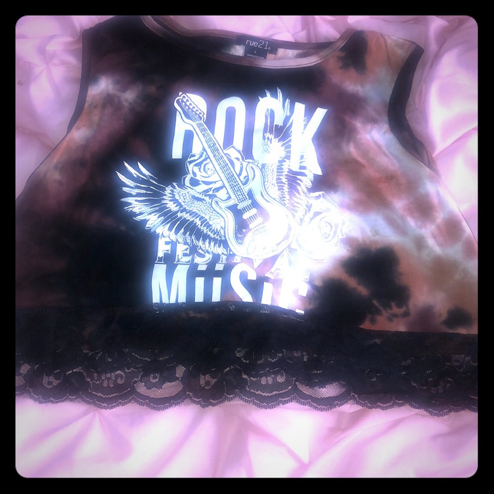 Rue 21 sleeveless crop top and it says rock music